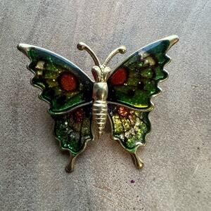 Vintage Butterfly Green Red Gold Enamel Brooch Pin